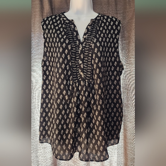 LOFT Floral Ruffle Button Mixed Media Shell - Picture 4 of 6